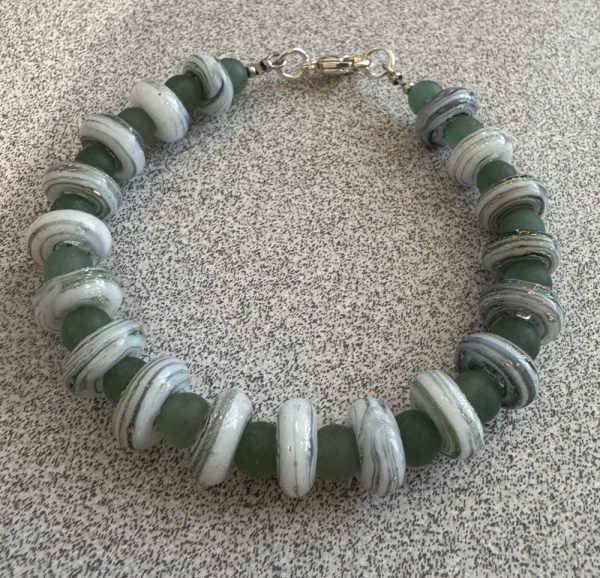 White Donut and Green Aventurine Artisan Glass Beaded Bracelet