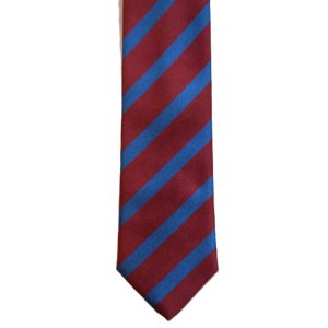 Dark red neck tie with royal blue stripes (long)