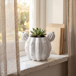 Barrel Cactus Planter, Gypsum White 3.5″