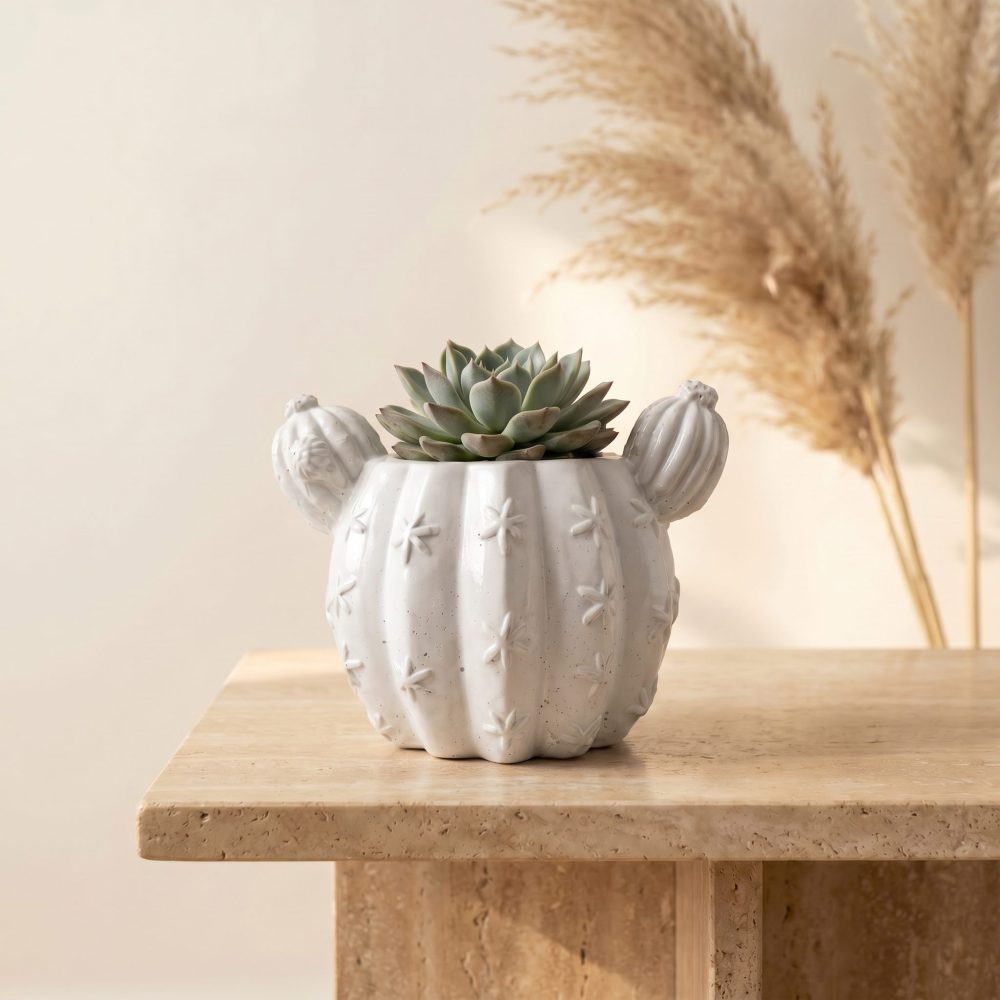 Barrel Cactus Planter, Gypsum White 3.5″