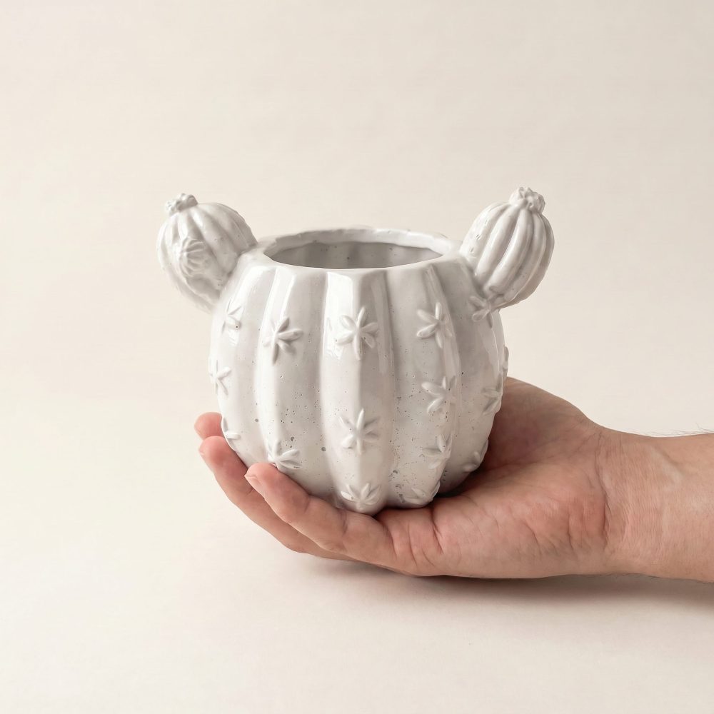 Barrel Cactus Planter, Gypsum White 3.5″