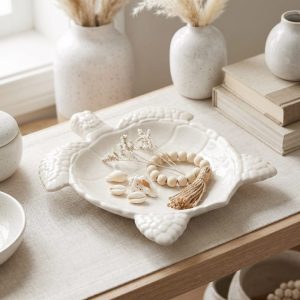 Sea Turtle Decorative Tray, Gypsum White 9″
