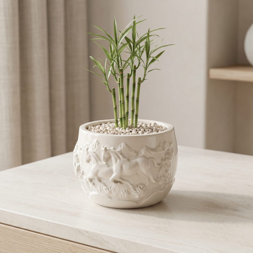Mustang Horse Relief Planter, Gypsum White 3″