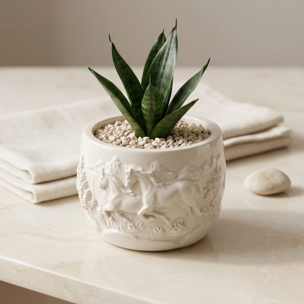 Mustang Horse Relief Planter, Gypsum White 3″