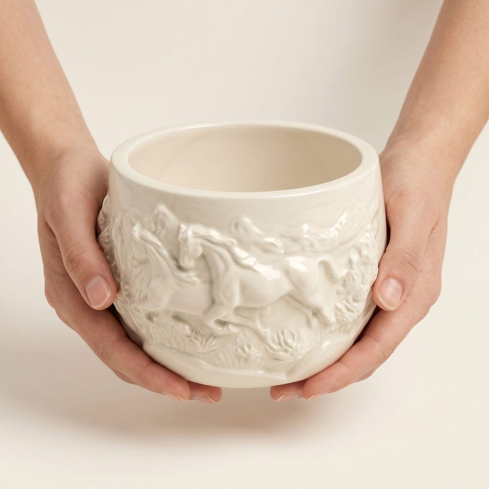 Mustang Horse Relief Planter, Gypsum White 3″