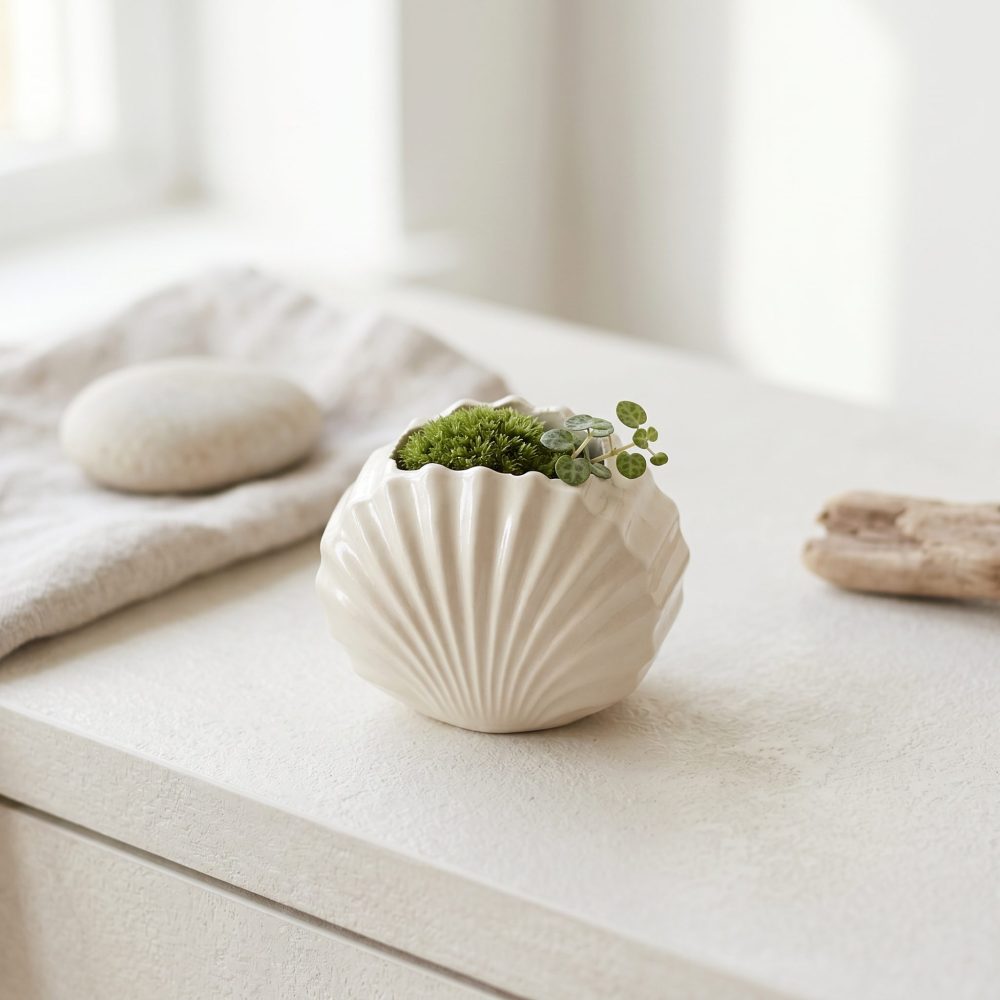 Mini Clam Shell Planter, Gypsum White 3″