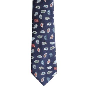 Dark blue necktie with colorful paisley